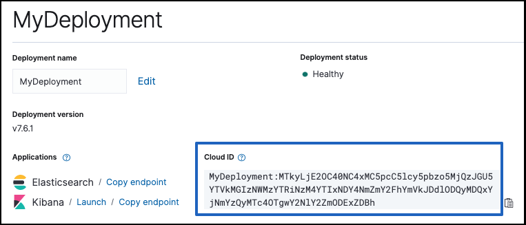 The Cloud ID and `elastic` user information shown when you create a deployment The Cloud ID and `elastic` user information shown when you create a deployment