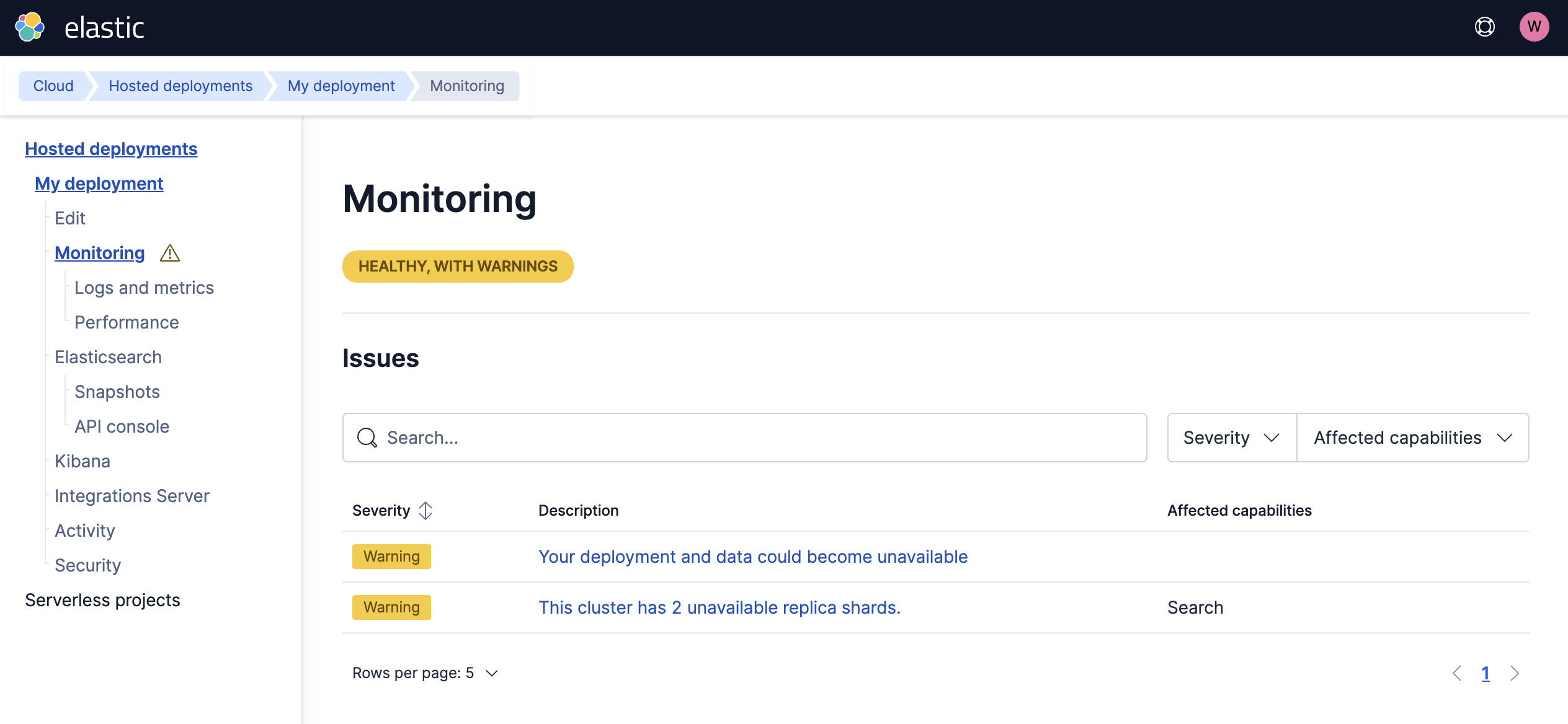 Elasticsearch Monitoring page Elasticsearch Monitoring page