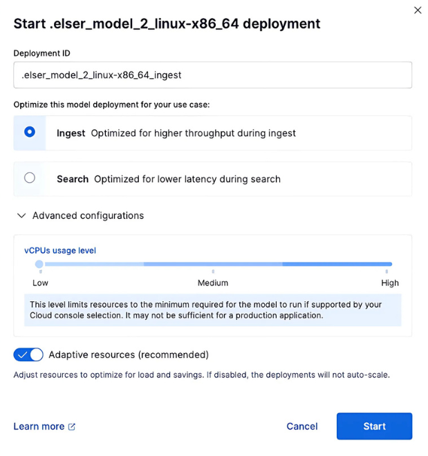 ELSER deployment with adaptive resources enabled. ELSER deployment with adaptive resources enabled.