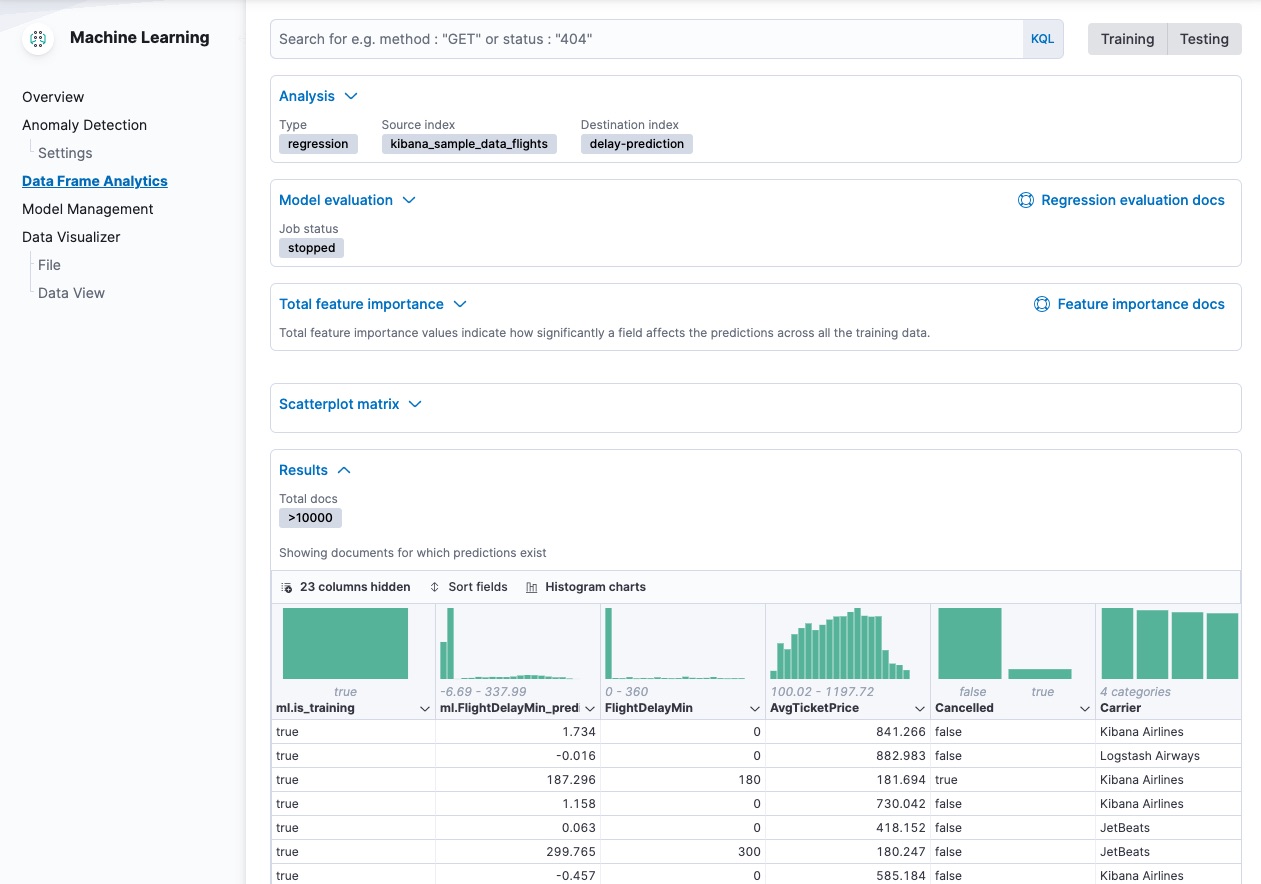 Results for a data frame analytics analytics job in Kibana Results for a data frame analytics analytics job in Kibana