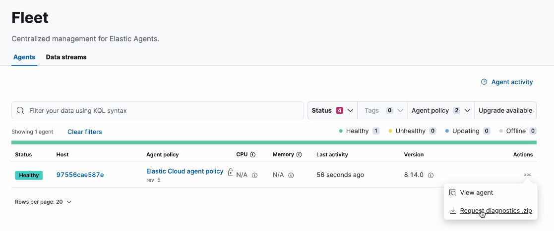 Fleet UI showing only the Agents and Data streams tabs Fleet UI showing only the Agents and Data streams tabs