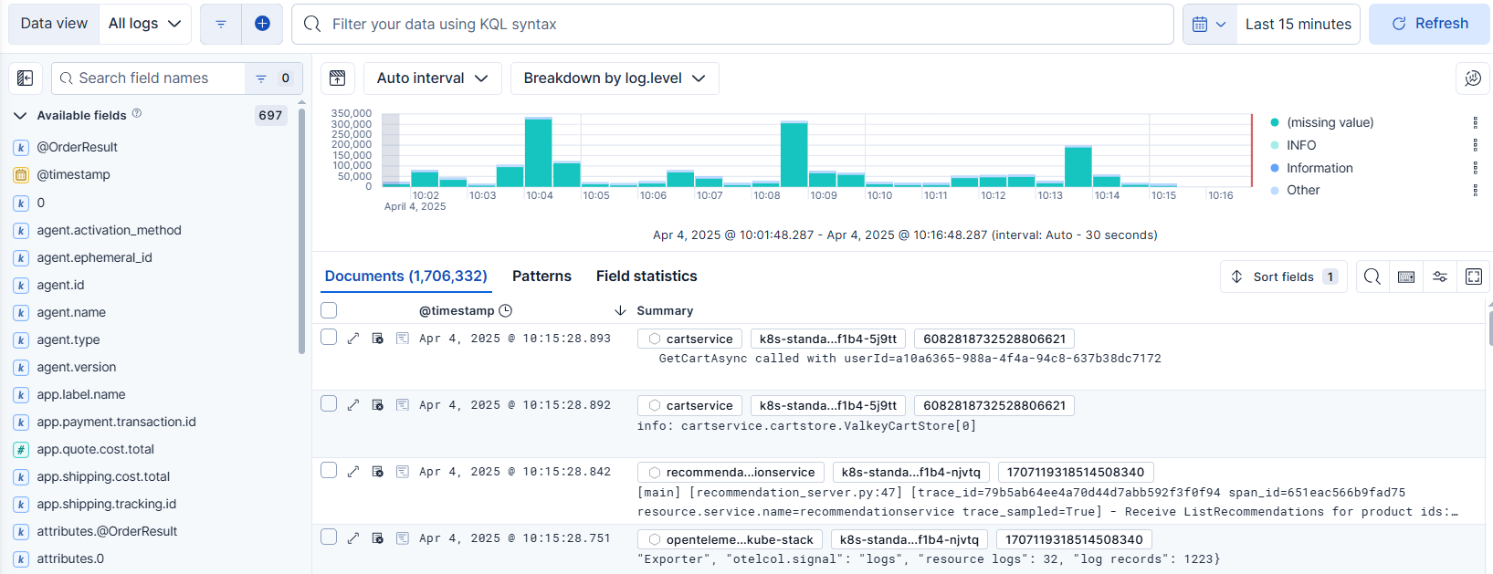 Discover showing log events