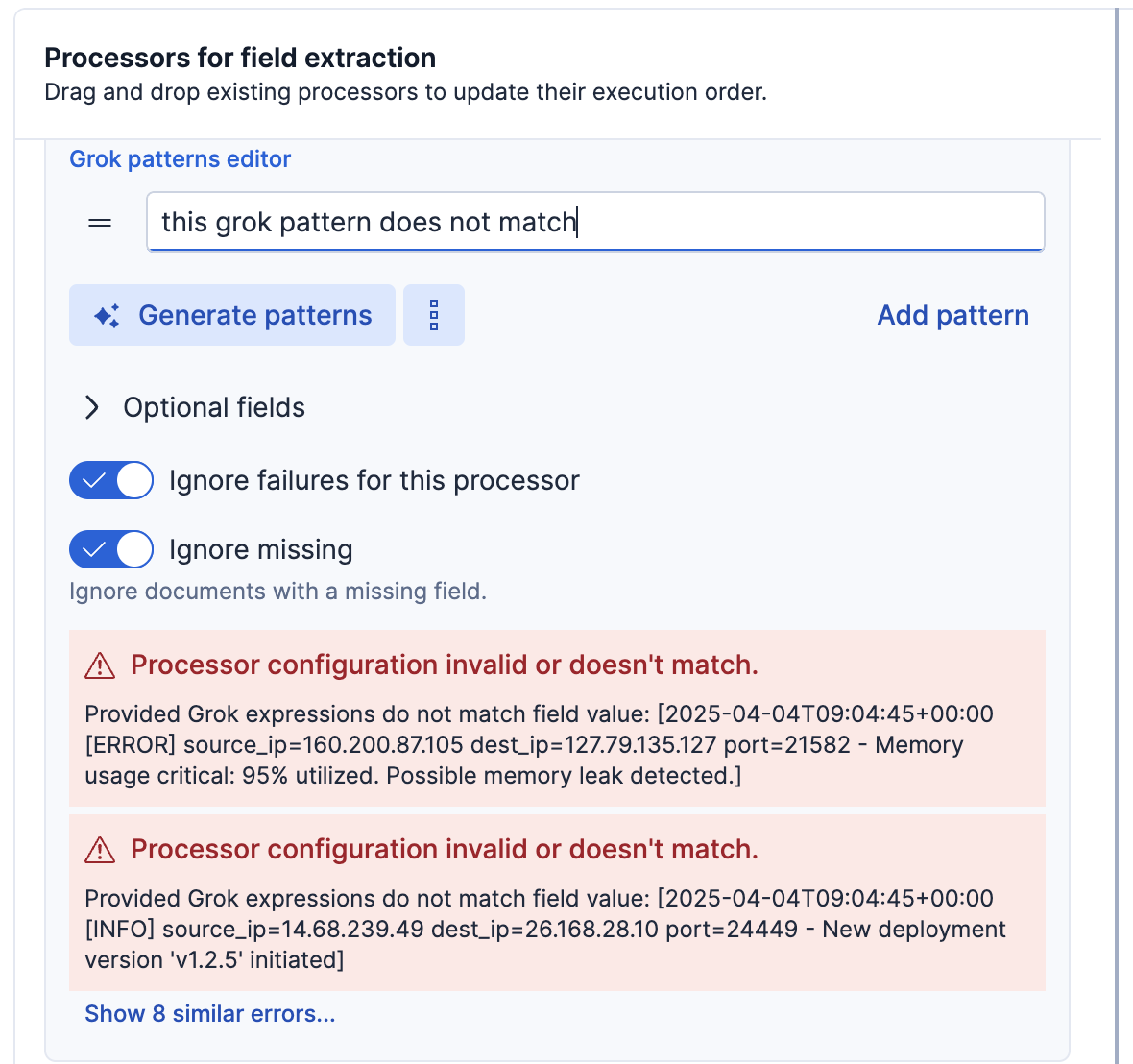 Screenshot showing failure notifications