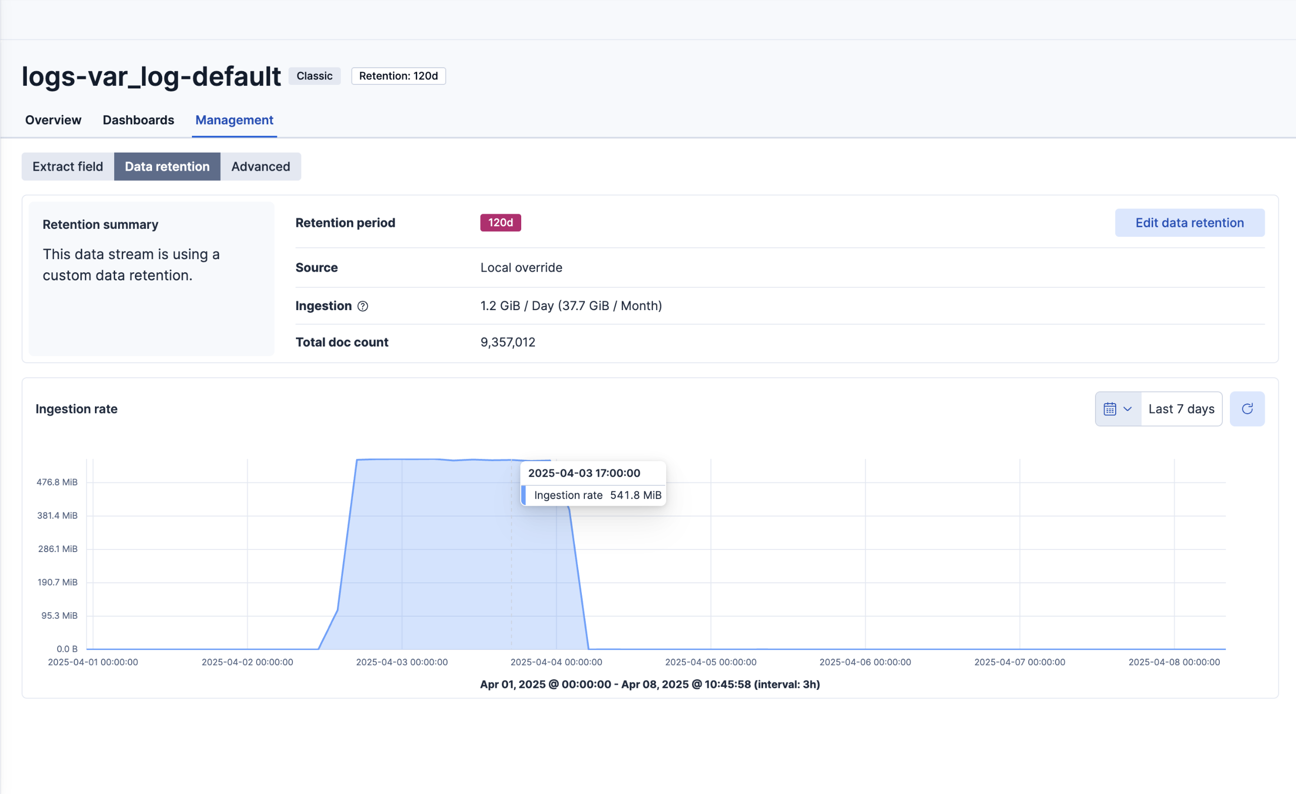 Screenshot of the data retention UI