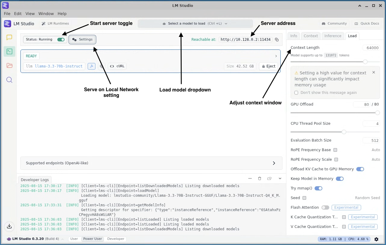 Loading a model in LM studio developer tab Loading a model in LM studio developer tab