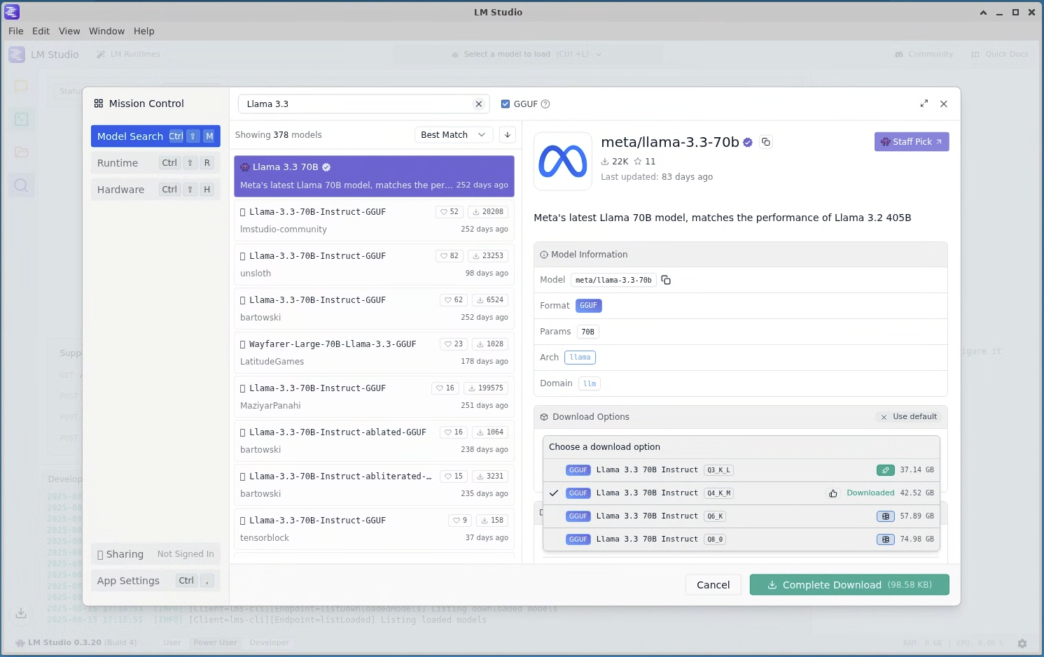 The LM Studio model selection interface with download options The LM Studio model selection interface with download options