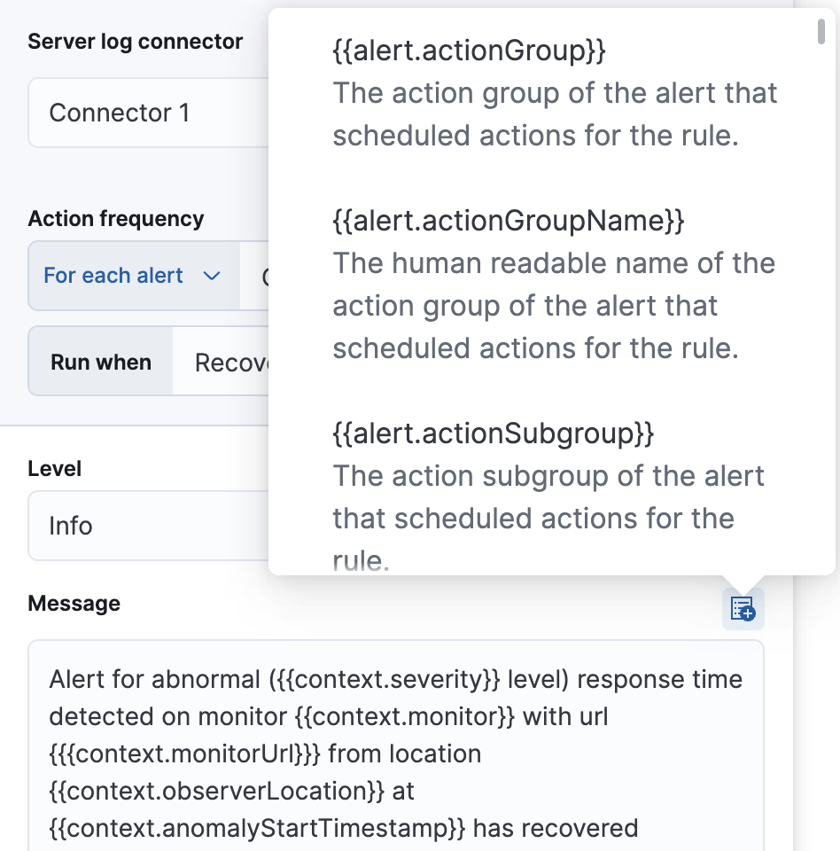 Default recovery message for Uptime duration anomaly rules with open
