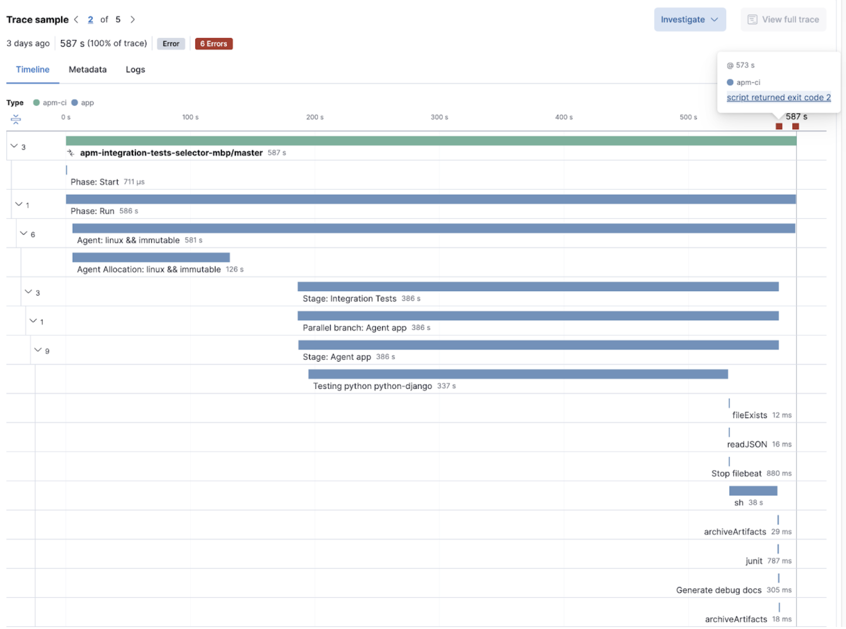 A Jenkins pipeline build as a trace in Elastic Observability Trace of a Jenkins pipeline build
