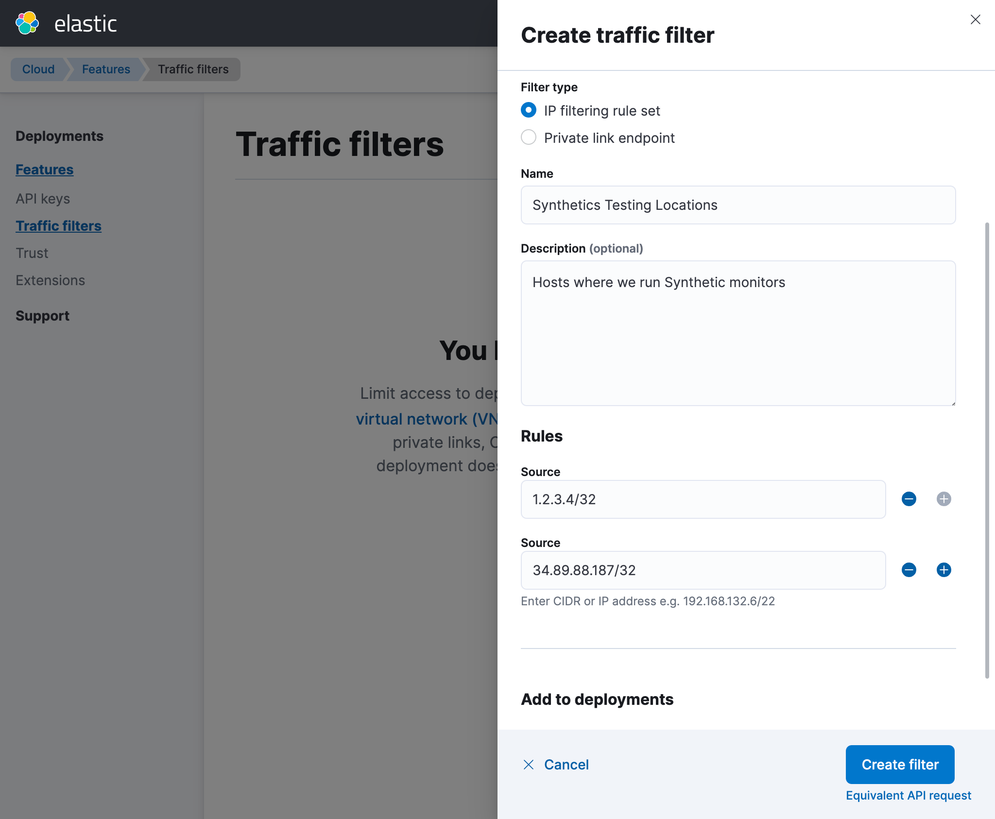 Create a traffic filter in Elastic Cloud