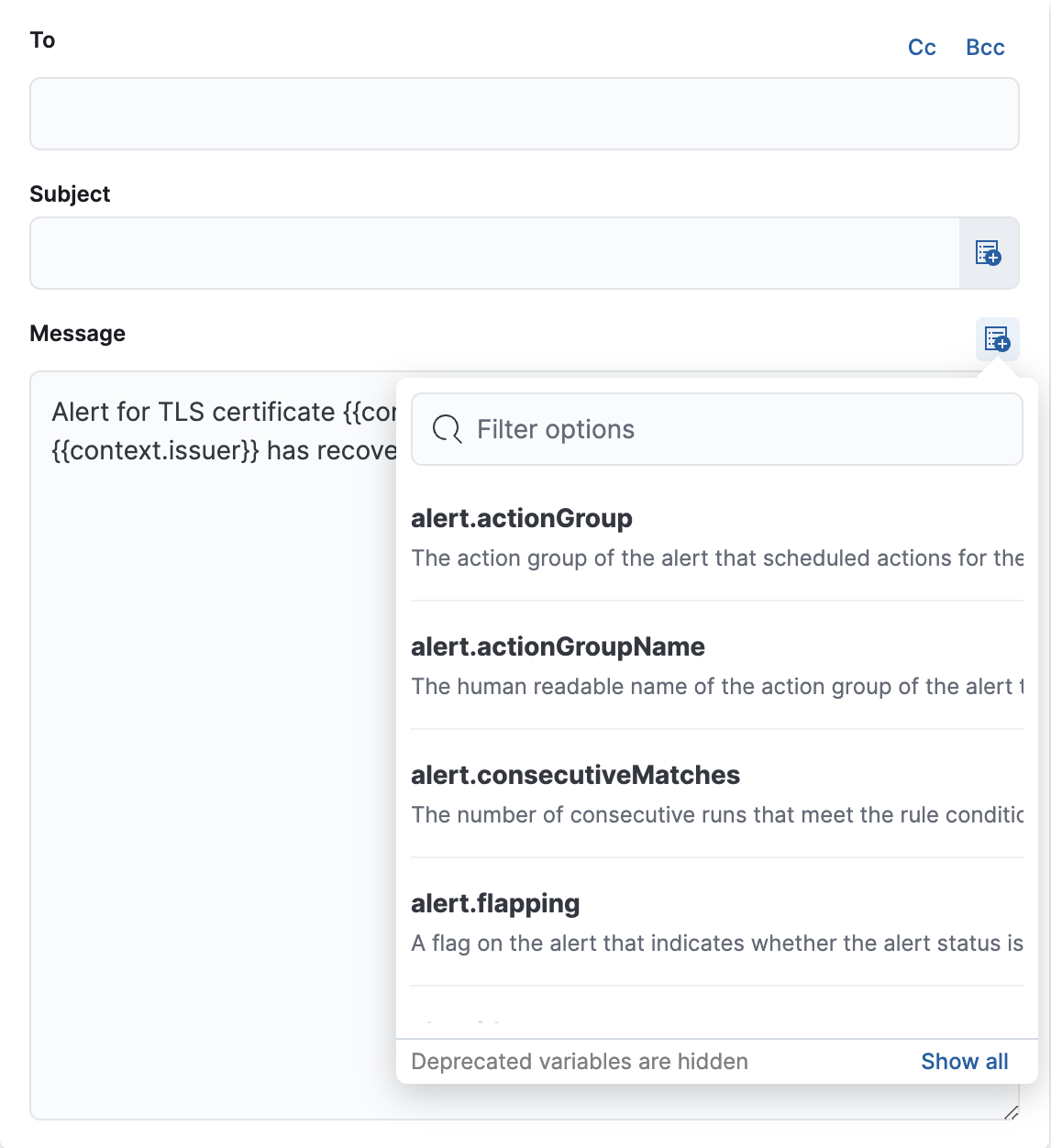 Default notification message for TLS rules with open