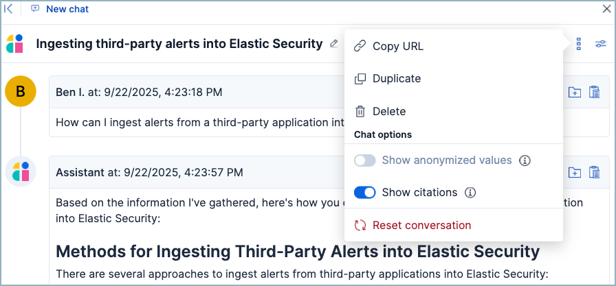 AI Assistant's chat options menu AI Assistant's chat options menu