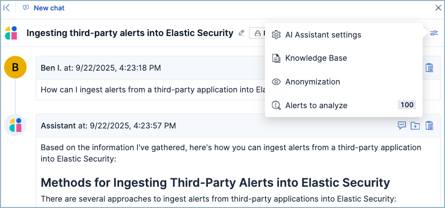 AI Assistant's settings popover AI Assistant's settings popover