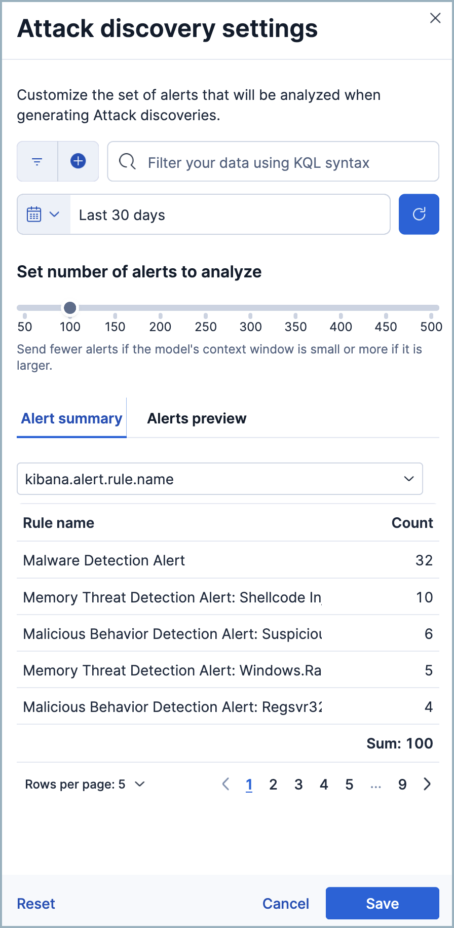 Attack Discovery's settings menu