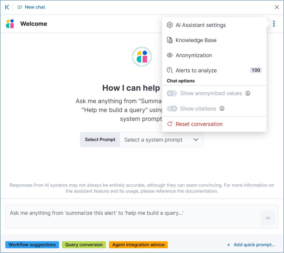 AI Assistant's dropdown menu with the Knowledge Base option highlighted