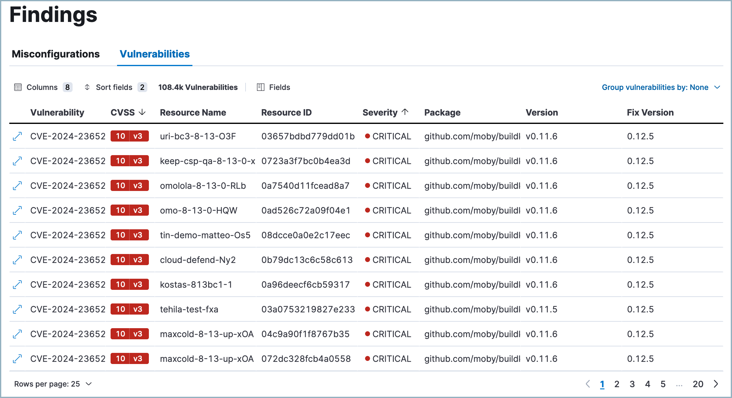 The Vulnerabilities tab of the Findings page The Vulnerabilities tab of the Findings page